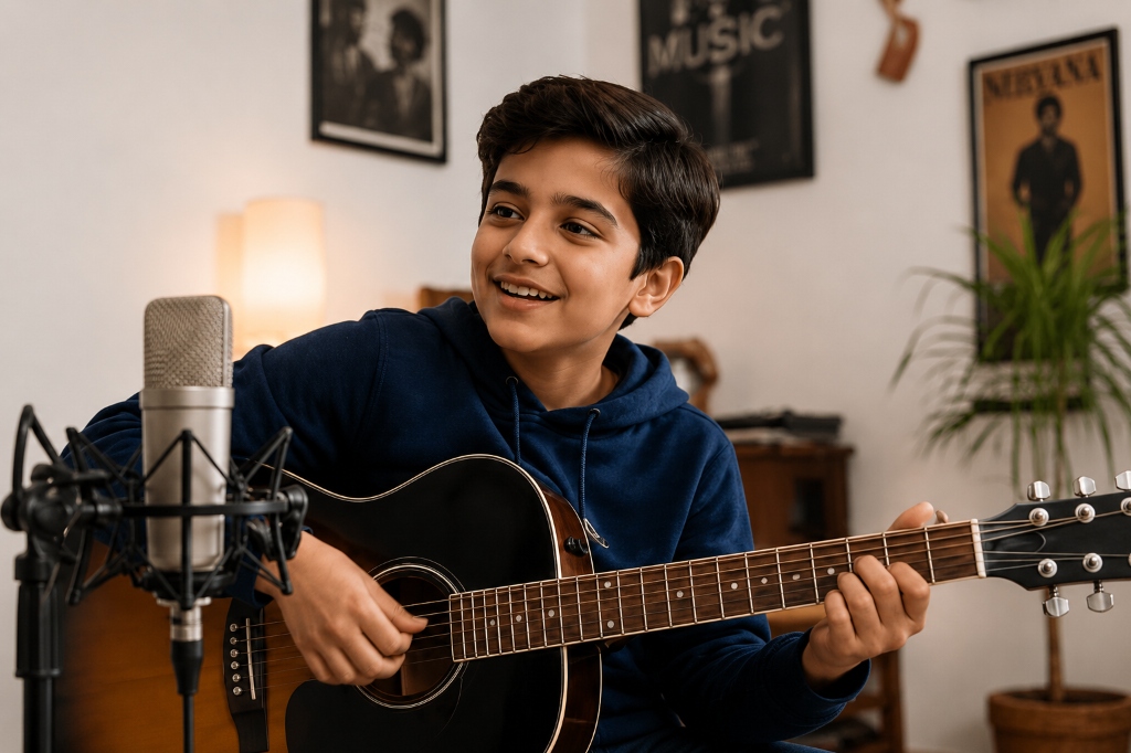 Music learner playing guitar